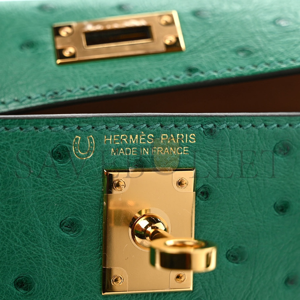 HERMÈS MASTER OSTRICH HORSESHOE KELLY SELLIER MINI 20 VERT VERTIGO GOLD (19*12*5.5cm)